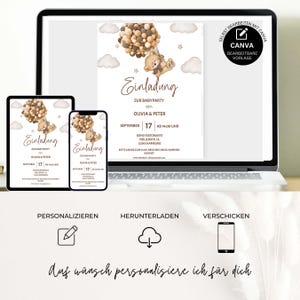 May include: A digital invitation for a baby shower with a cute teddy bear holding balloons. The invitation is in German and says "Einladung zur Babyparty von Olivia & Peter" with the date and time of the event.