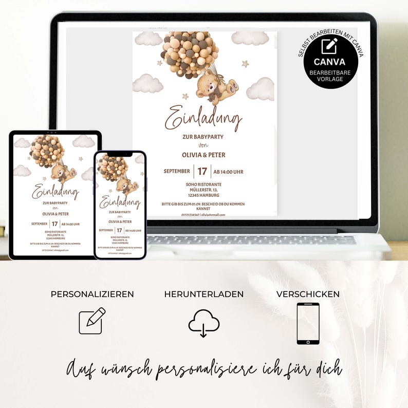 May include: A digital invitation for a baby shower with a cute teddy bear holding balloons. The invitation is in German and says "Einladung zur Babyparty von Olivia & Peter" with the date and time of the event.