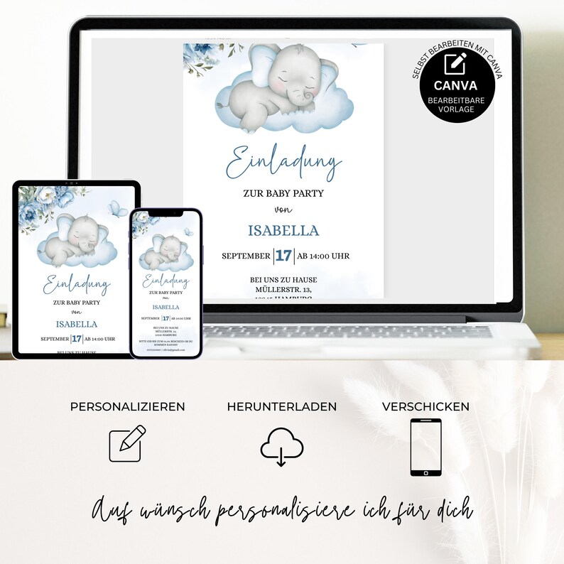 Baby Shower Invitation Template to Edit, Digital Invitation Baby Shower Boy, Elephant Flowers Baby Shower WhatsApp Template, BBS23 image 7