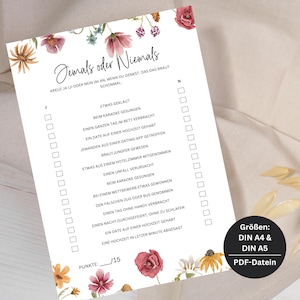 Könnte beinhalten: Eine druckbare Spielkarte mit floralem Design und dem Text "Jemals oder Niemals". Die Spielkarte enthält eine Liste von Fragen mit Kontrollkästchen, die die Spieler mit "ja" (ja) oder "nein" (nein) markieren können. Die Karte enthält auch den Text "Größen: DIN A4 & DIN A5 PDF-Datein".