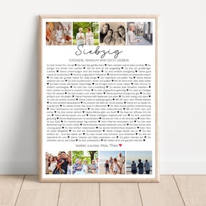 May include: A black and white photo collage with a text overlay that reads "Siebzig" and "GRÜNDE, WARUM WIR DICH LIEBEN". The text continues with a list of reasons why someone is loved. The collage includes photos of a family.