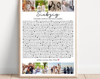 70 Gründe, warum wir dich lieben, Poster Vorlage mit Bildern, Druckbares Geschenk zum 70. Geburtstag bearbeitbar, personalisierte Dekoration