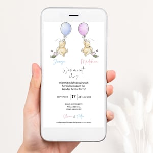 Invitación digital para fiesta de revelación de género de Winnie the Pooh y tablero para adivinar el género (invitación para niño o niña) con plantilla Canva para WhatsApp.