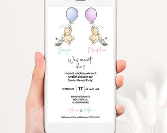 Winnie the Pooh Gender Reveal Party Digital Invitation and Gender Guessing Board, Boy or Girl Invitation, WhatsApp Canva Template
