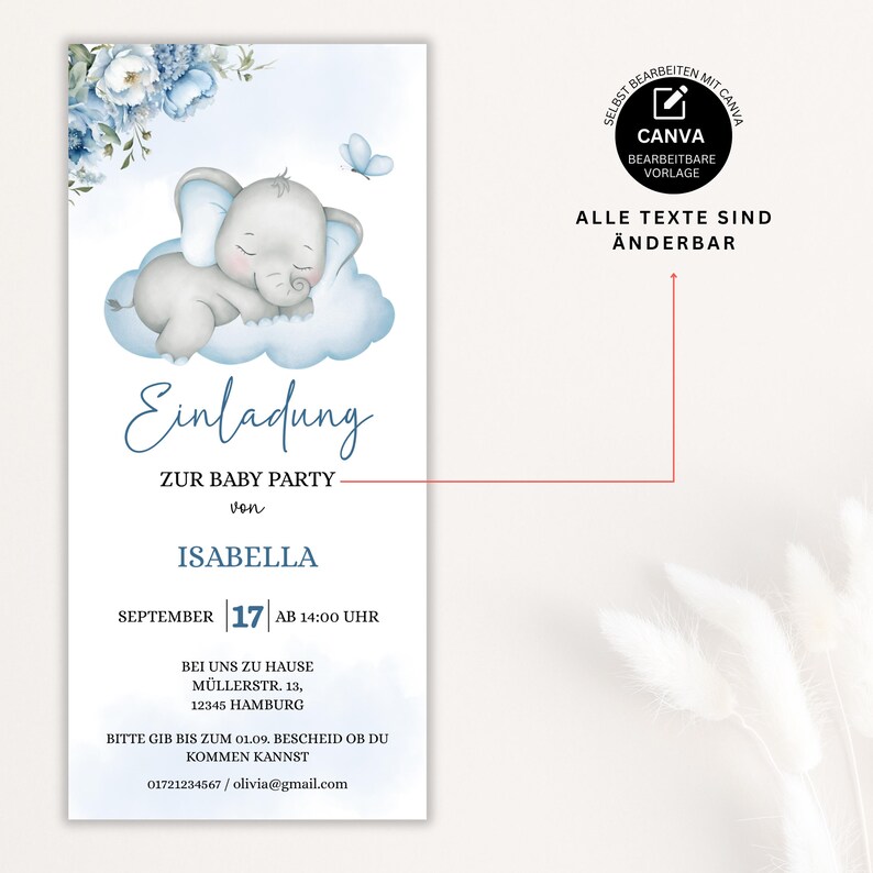 Baby Shower Invitation Template to Edit, Digital Invitation Baby Shower Boy, Elephant Flowers Baby Shower WhatsApp Template, BBS23 image 2