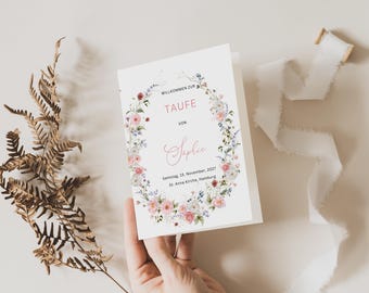 Pink flowers church service booklet to print, flower program design yourself, Canva baptism booklet program digital template, TF23