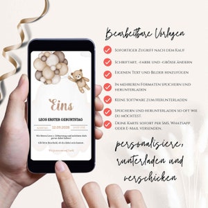 May include: A digital template for a first birthday invitation. The template features a watercolor illustration of a teddy bear holding balloons. The text on the template reads "Eins" and "Leo's First Birthday". The template is customizable with text and images.