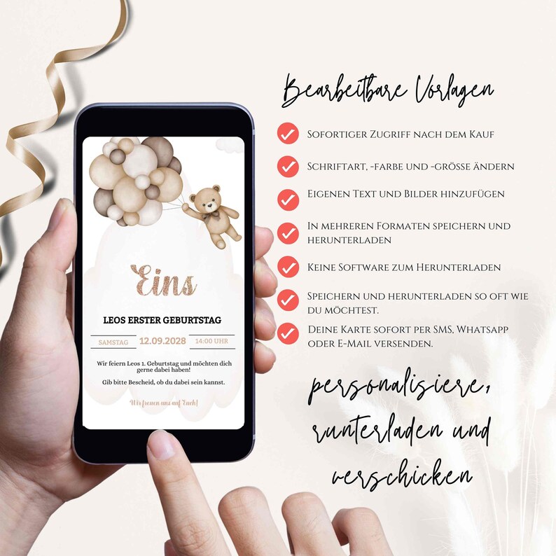 May include: A digital template for a first birthday invitation. The template features a watercolor illustration of a teddy bear holding balloons. The text on the template reads "Eins" and "Leo's First Birthday". The template is customizable with text and images.