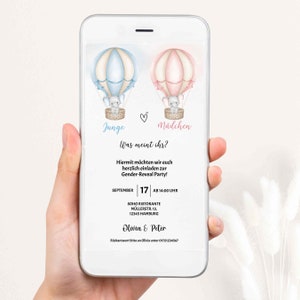 Invitation numérique à la fête de révélation du genre d’éléphant, invitation numérique à la fête de révélation du genre allemand, modèle WhatsApp, modèle Canva GR04