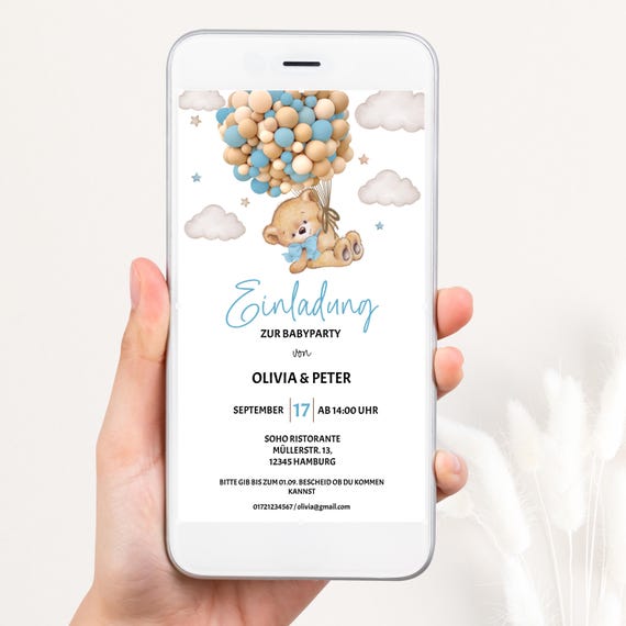 BabyParty Einladung Vorlage zum Bearbeiten, Digital Einladung Baby shower Junge Mädchen, Teddy Bärchen Babyparty WhatsApp Vorlage, BBS05