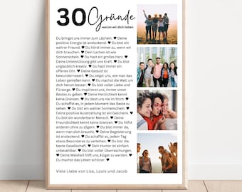 30 Gründe, warum wir dich lieben, Poster Vorlage mit Bildern, Druckbares Geschenk zum 30. Geburtstag bearbeitbar, personalisierte Dekoration