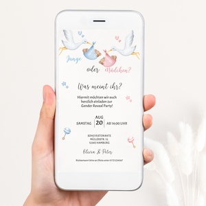 Plantilla de invitación para fiesta de revelación de género con cigüeña, invitación editable, tarjeta electrónica, plantilla de Canva, GR02
