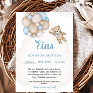 Blauer Teddy Bär mit Luftballons Einladung zum Geburtstag, Druckbare Geburtstagseinladung für Jungs, Personalisierbare Vorlage GBE13