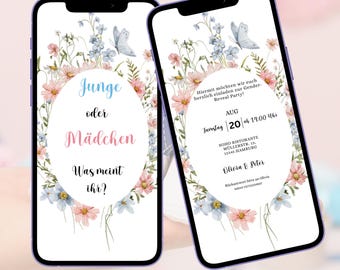 Gender Reveal Party Digital Invitation, Flowers Butterfly Gender Reveal Party, Boy or Girl Party Invitation, Mobile Template, GR11