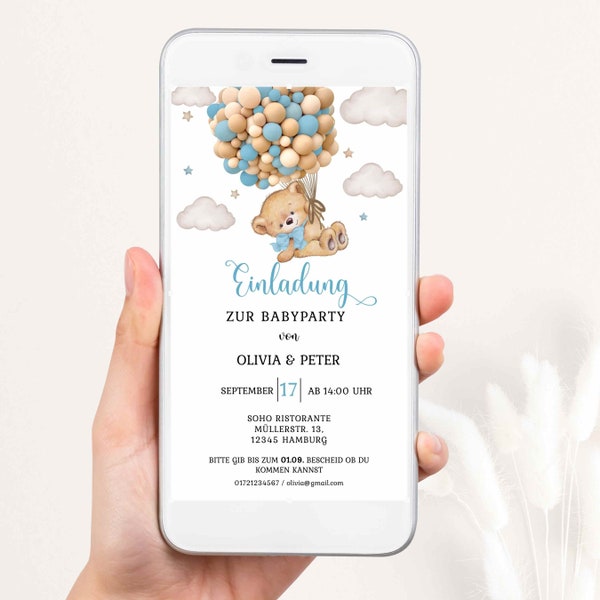 Baby Party Invitation Template to Edit, Digital Invitation Baby Shower, Teddy with Air Balloons WhatsApp Template, BBS05