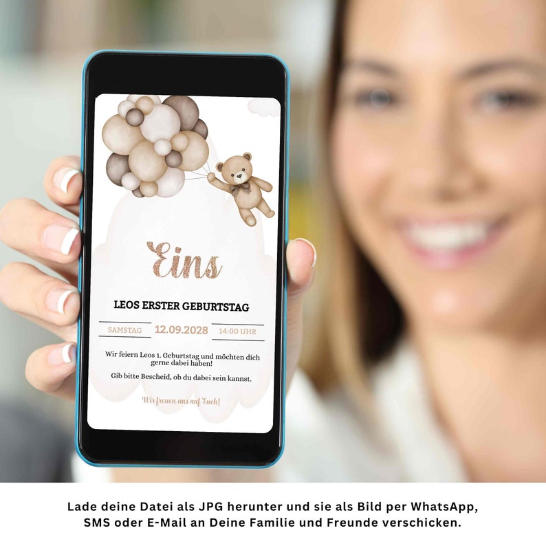 May include: A digital invitation for a first birthday party. The invitation features a teddy bear holding balloons and the text "Eins Leo's Erster Geburtstag" with the date "12.09.2028" and time "14:00 Uhr".