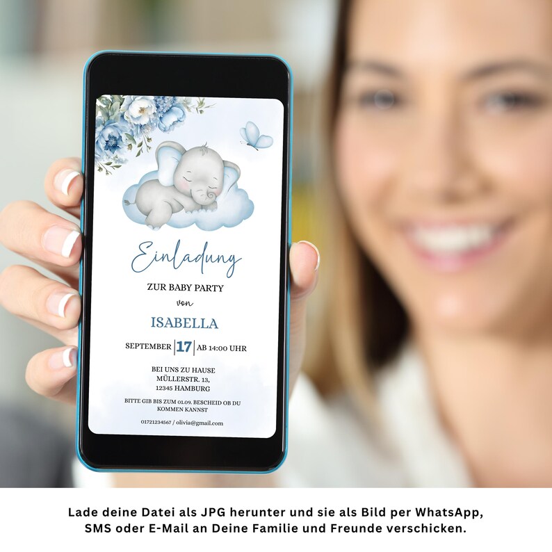 Baby Shower Invitation Template to Edit, Digital Invitation Baby Shower Boy, Elephant Flowers Baby Shower WhatsApp Template, BBS23 image 8