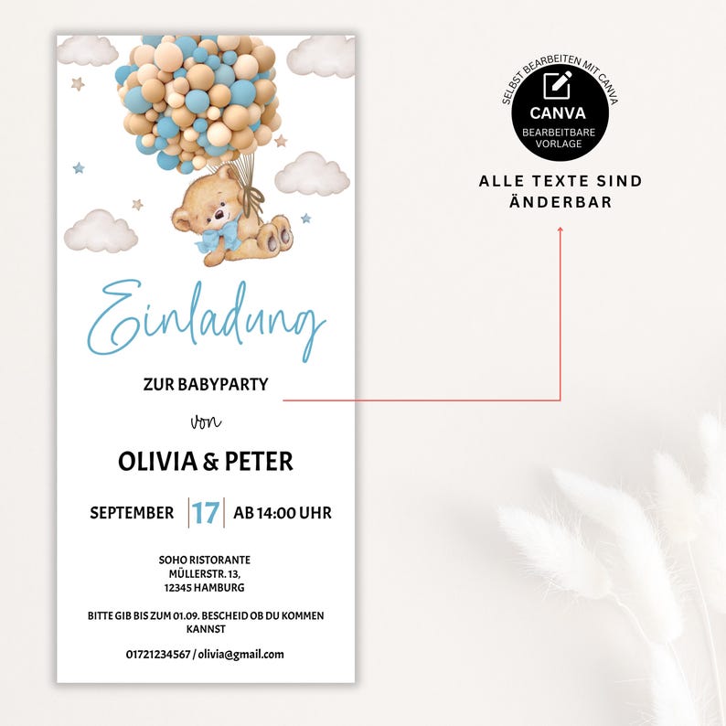 Baby Shower Invitation Template to Edit, Digital Invitation Baby Shower Boy Girl, Teddy Bear Baby Shower WhatsApp Template, BBS05 image 2