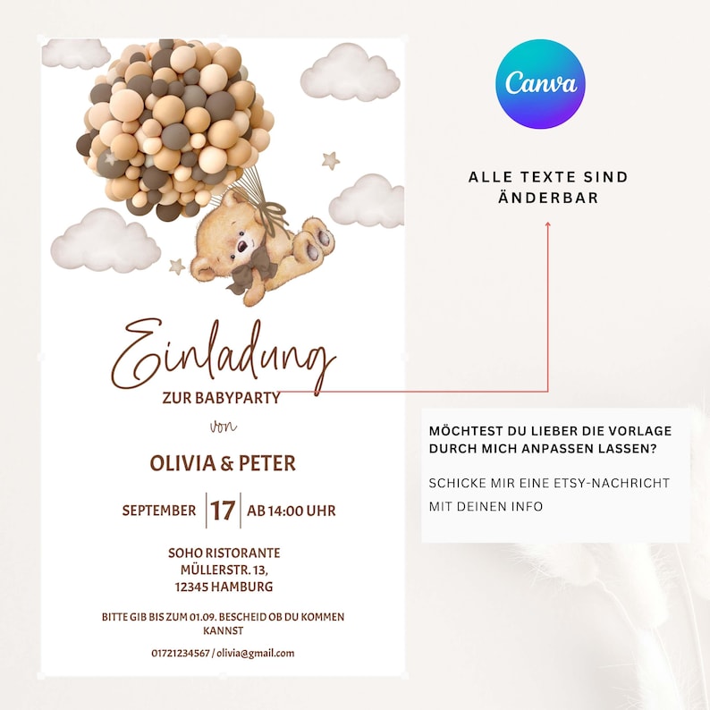 May include: A baby shower invitation with a cute teddy bear holding balloons. The invitation is for Olivia & Peter and is set for September 17th at 2:00 PM at Soho Ristorante in Hamburg. The text on the invitation reads "Einladung zur Babyparty".