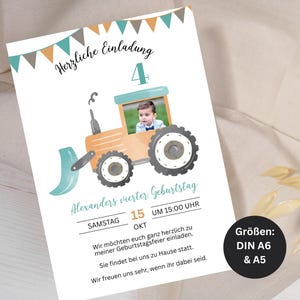Tractor verjaardagsuitnodiging sjabloon om digitaal af te drukken en te versturen, aanpasbare Canva sjabloon met foto, GBE21