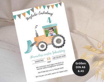 Tractor birthday invitation template for printing and sending digitally, customizable Canva template with photo, GBE21