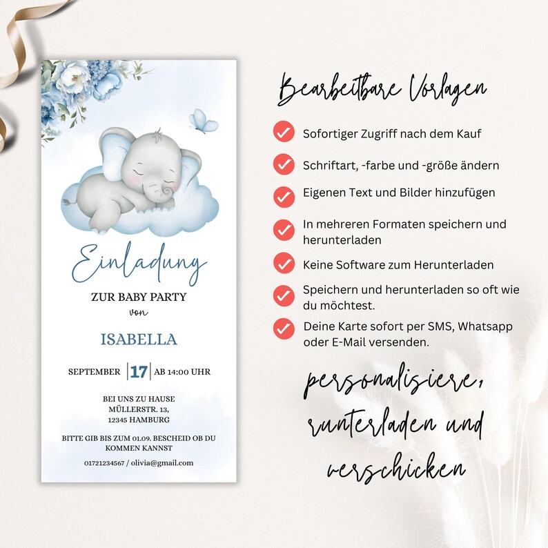 Baby Shower Invitation Template to Edit, Digital Invitation Baby Shower Boy, Elephant Flowers Baby Shower WhatsApp Template, BBS23 image 3