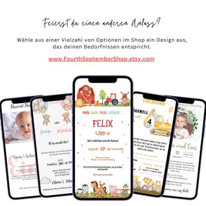 May include: Four digital phone screens displaying different designs for printable invitations. The invitations feature a farm theme with animals, tractors, and a windmill. The text on the invitations reads "Oink Gack Muh. Wieher... Felix Wird 41" and "Maxwell Wird 4".