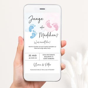 Convite digital para festa de revelação de gênero, convite digital para festa de revelação de gênero alemão, modelo de WhatsApp, menino ou menina, GR05