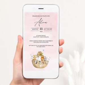 Rosa Noahs Arche Taufe Einladung Digital, Digitale Einladung zur Taufe für Mädchen, DIY, WhatsApp Einladung zur Taufe, TF18