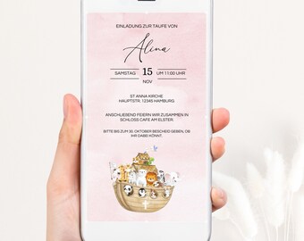 Pink Noah's Ark Baptism Invitation Digital, Digital Baptism Invitation for Girls, DIY, WhatsApp Baptism Invitation, TF18
