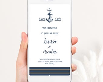 Maritime nautical save the date template, nautical anchor striped printable save the date template, digital save the date, WhatsApp, SVD04