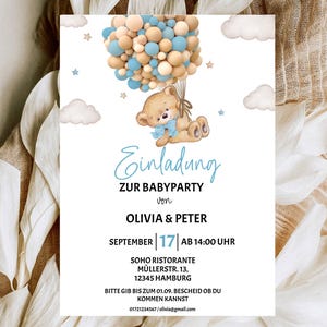 BabyParty Einladung Vorlage, Digital Einladung Baby Shower, Teddy mit Luft Ballons, Canva Druckbare Vorlage BBS05