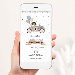 Modelo de convite de aniversário infantil de carro de corrida vintage, idades de 1 a 9, convite de nascimento para meninos, convite digital, WhatsApp, GBE53