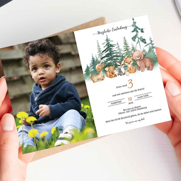 Forest animals invitation with photo, children's birthday invitation, DIGITAL invitation template, personalizable, animal motif, GBE55