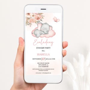 Plantilla de invitación para baby shower editable, invitación digital de Canva para baby shower de niña, plantilla de WhatsApp con diseño de elefante y flores para baby shower, BBS24