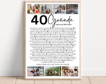 40 Gründe, warum wir dich lieben, Poster Vorlage mit Bildern, Druckbares Geschenk zum 40. Geburtstag bearbeitbar, personalisierte Dekoration