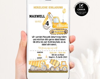 Construction site birthday invitation boys digital, electronic birthday invitation, digital Whatsapp Canva template, GBE03