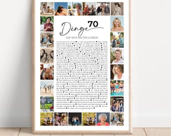 70 Dinge, Die Wir an Dir Lieben, Poster Vorlage mit Bildern, Druckbares Geschenk zum 70. Geburtstag bearbeitbar, personalisierte Dekoration