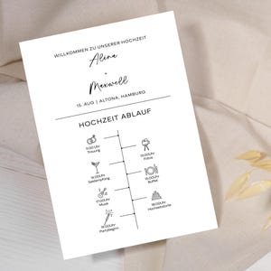 Wedding schedule, minimalist wedding schedule, customizable daily schedule template, wedding program in German, HZ01