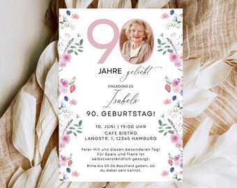 Wildflower 90th Birthday Invitation, 90 Years Loved, Editable Photo Invitation for Women, Elegant 90th Birthday Invitation