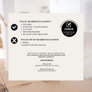 May include: A checklist of what you can and cannot edit in a Canva template. The checklist includes text color, font, background color, and adding a logo. You cannot edit the size or alignment of the template. The text reads "What you can edit in Canva: Text color, font, font size, all text, background color, add image or logo. What you cannot edit in Canva: Size, alignment of the template."