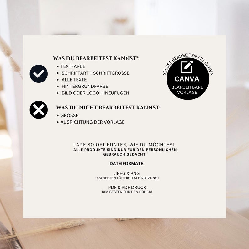 May include: A checklist of what you can and cannot edit in a Canva template. The checklist includes text color, font, background color, and adding a logo. You cannot edit the size or alignment of the template. The text reads "What you can edit in Canva: Text color, font, font size, all text, background color, add image or logo. What you cannot edit in Canva: Size, alignment of the template."