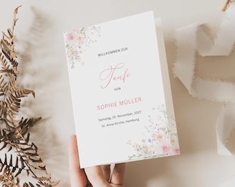 Pink flowers church service booklet to print, flowers church booklet PDF, baptism booklet program digital template A5, TF21