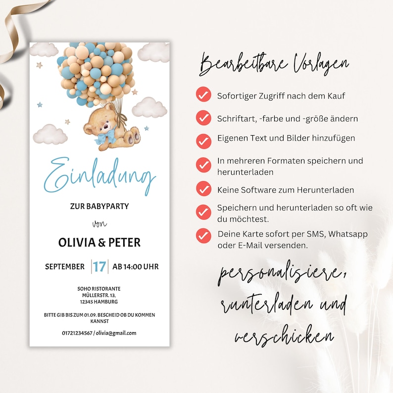 Baby Shower Invitation Template to Edit, Digital Invitation Baby Shower Boy Girl, Teddy Bear Baby Shower WhatsApp Template, BBS05 image 3