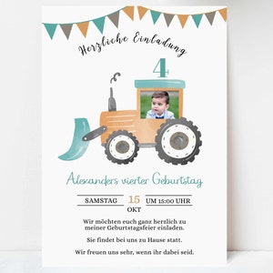Plantilla de invitación de cumpleaños de tractor para imprimir y enviar digitalmente, plantilla de tractor personalizable con foto, GBE21