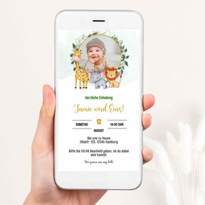 Invitation anniversaire safari, invitation anniversaire enfant, motif animalier, faire-part naissance animaux de la forêt, modèle A5 et téléphone portable, GBE27