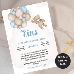Blauer Teddy Bär mit Luftballons Einladung zum Geburtstag, Druckbare Geburtstagseinladung für Jungs, Personalisierbare Canva Vorlage GBE13