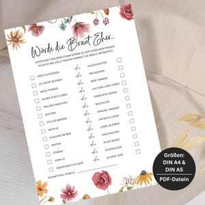 Könnte beinhalten: Ein druckbares Spiel mit floralem Design. Das Spiel heißt "Würde die Braut eher..." und stellt eine Reihe von Fragen zu den Vorlieben der Braut. Das Spiel ist für eine Bridal Shower oder einen Junggesellinnenabschied gedacht.