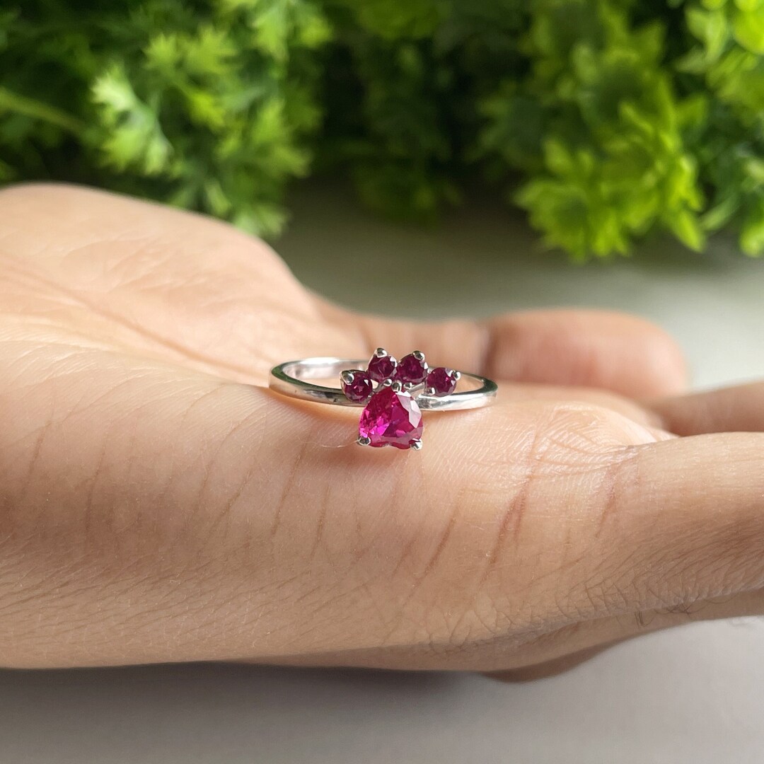 Cat & Dog Paw Print Ruby Engagement Ring for Women, 14k Gold Plated ...