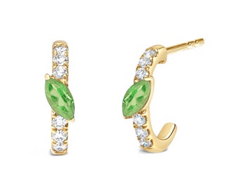 Marquise Cut Green Peridot & Diamond J Shape Hoop Earrings for Women,14K Gold Finsh August Birthstone Peridot Hoop Earrings,J Shape Earrings